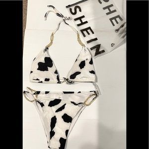 New In Bag SHEIN 2pc Bikini Bathing Suit Blk/ white print w/chain detail size XL